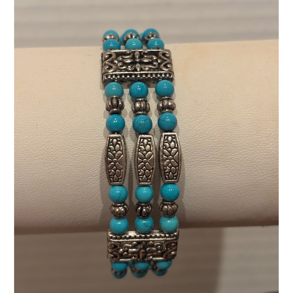 Western Turquoise Beaded Triple Strand Bracelet Silver Tone Southwestern Boho